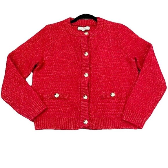 LOFT Sweaters - LOFT Women's Stitchy Sweater Jacket Size Large Cardigan Red Silver Knit